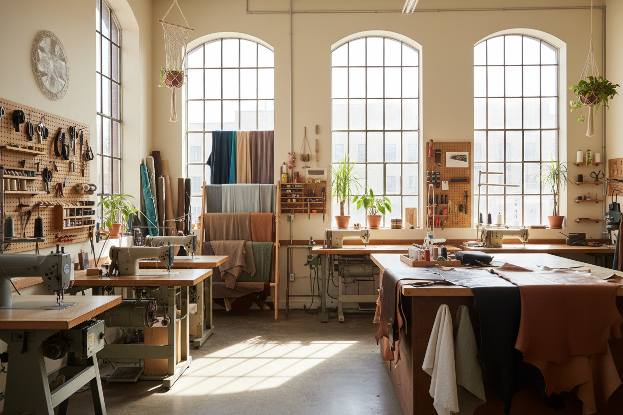 imagen de un taller con máquinas de coser y maquinaria, con telas y pieles y herramientas. Con mucha luz y un ventanal. que se vea muy artesano y cuidado. 